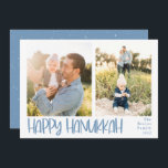Cartes Pour Fêtes Annuelles Happy Hanukkah Playful 2 Photo<br><div class="desc">Hanukkah holiday photo card. Features,  playful light blue bold handwritten "Happy Hanukkah" ,  2 photo template spaces on front or card,  and coordinating snowy overlay on light blue color backing. Template text lines for your name and year in matching blue color.</div>