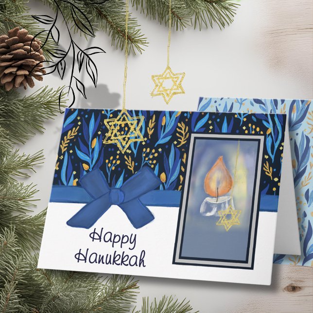 Cartes Pour Fêtes Annuelles Happy Hanukkah Rich Blue & Gold Foliage & Candle (Happy Hanukkah Rich Blue & Gold Foliage & Candle Holiday Card)