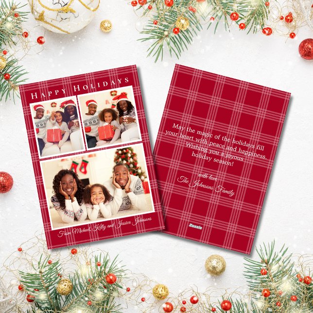 Cartes Pour Fêtes Annuelles happy holiday 3 photos collage rouge buffle plaid (Créateur téléchargé)