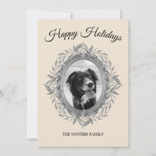 Cartes Pour Fêtes Annuelles Happy Holiday Silver Grey Feuilles Wreath Photo