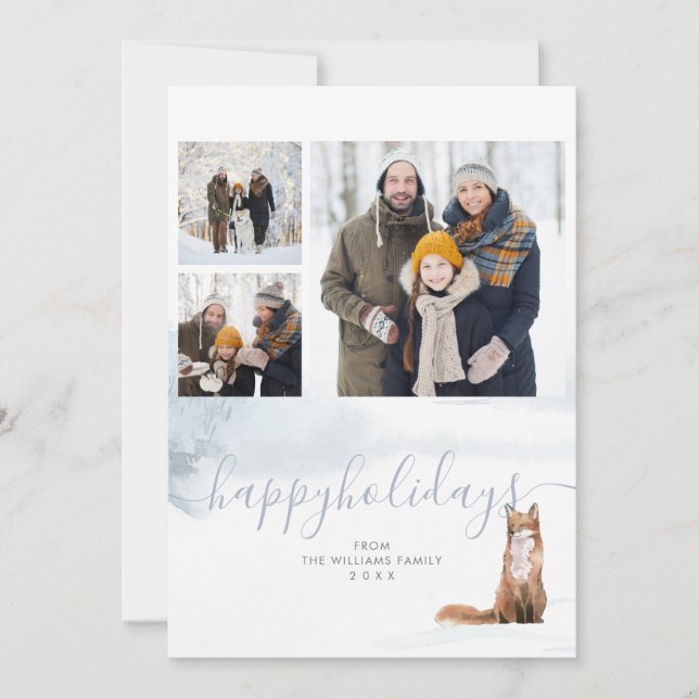 Cartes Pour Fêtes Annuelles Happy Holidays 3 Photo Collage Winter Woodland Fox (Devant)
