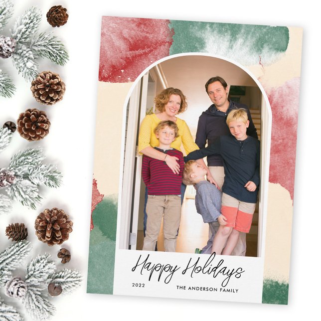 Cartes Pour Fêtes Annuelles Happy Holidays Arched Photo Aquarelle Abstraite (Créateur téléchargé)