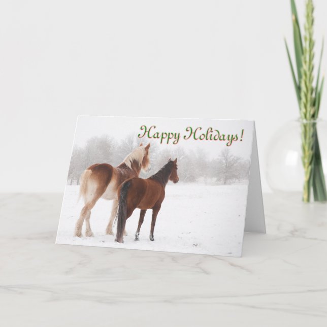 Cartes Pour Fêtes Annuelles Happy Holidays card with two horses in snow (Devant)