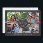 Cartes Pour Fêtes Annuelles Happy Holidays Chalkboard Poinsettia Photo Collage<br><div class="desc">Tableau noir gris,  feuillage rose et gris,  bordure de fleurs poinsettia,  et "Happy Holidays" en lettrant à la main la calligraphie chic au milieu faisant une carte de collage photo moderne d'inspiration rustique traditionnelle.               Personnalisez-le avec quatre photos orientées paysage personnalisées et votre signature !</div>