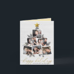 Cartes Pour Fêtes Annuelles Happy Holidays | Country Christmas Tree Collage<br><div class="desc">Celebrate the season with this modern photo card! A festive holiday card design that features six of your favorite photos arranged in a Christmas tree shape accented by hand-drawn pine branches, pine cones, faux gold glitter, and a gold star on a white farmhouse wood background. Below, "happy holidays" appears in...</div>