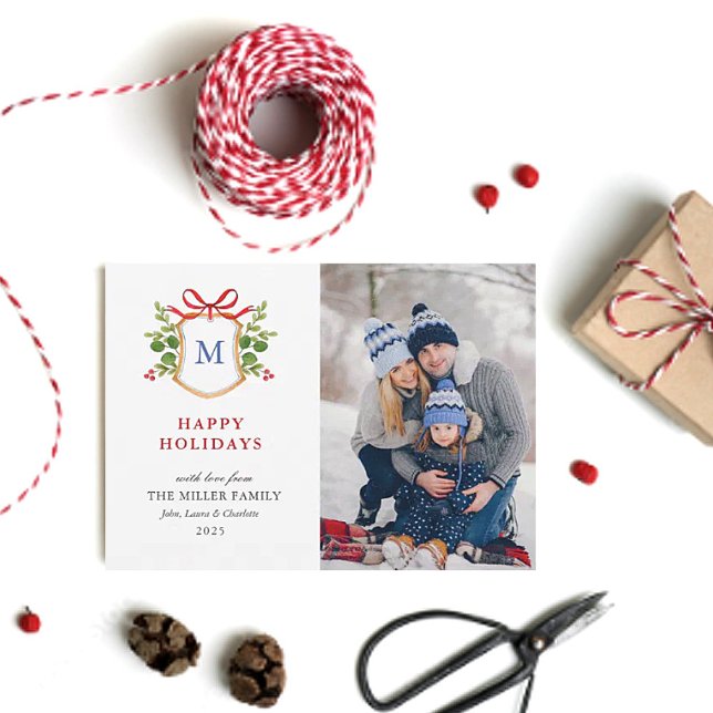 Cartes Pour Fêtes Annuelles Happy Holidays crest avec verdure Monogramme photo (Créateur téléchargé)