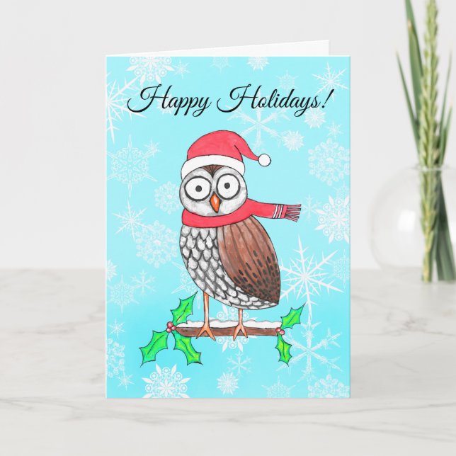 Cartes Pour Fêtes Annuelles Happy Holidays Festive Owl Santa Hat (Devant)