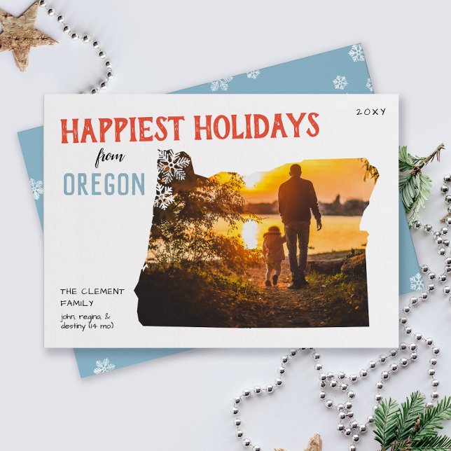 Cartes Pour Fêtes Annuelles Happy Holidays from Oregon Photo Card (From the state of Oregon with love two photo Christmas holiday card and moving announcement)