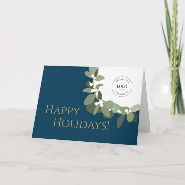 Cartes Pour Fêtes Annuelles Happy Holidays Gold Blue Modern Wreath Votre logo (Devant)