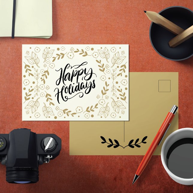 Cartes Pour Fêtes Annuelles Happy Holidays Gold Floral avec Branches & Blooms (Send out postcards this year with a simple happy holidays greeting in gold black and white.)