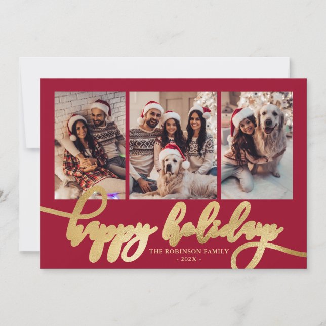Cartes Pour Fêtes Annuelles Happy Holidays Gold Script 3 Photo Collage Red  (Devant)