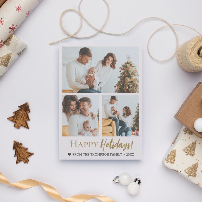 Cartes Pour Fêtes Annuelles Happy Holidays Gold Script 3 photos Christmas (Happy holidays 3 family photo Christmas card template Gold script.)