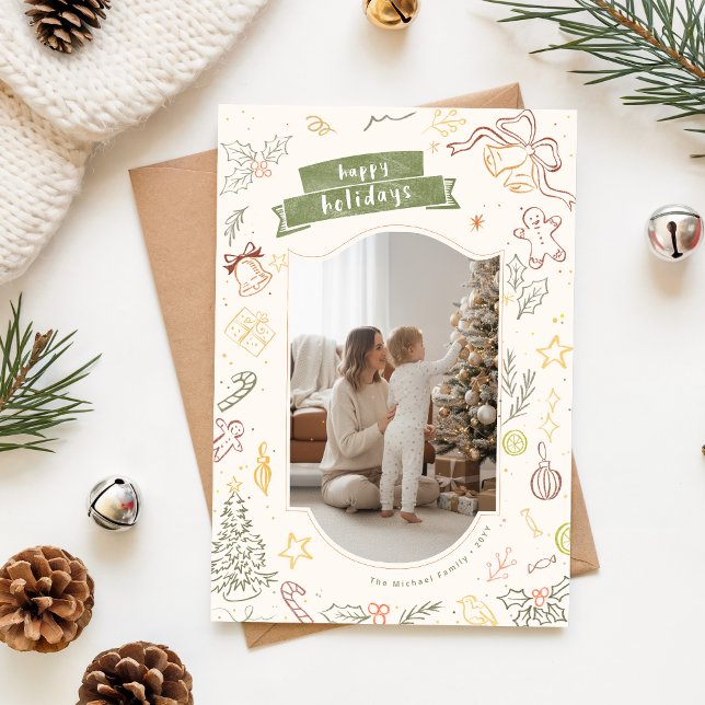 Cartes Pour Fêtes Annuelles Happy Holidays Hand Drawn Family Christmas Photo (Créateur téléchargé)