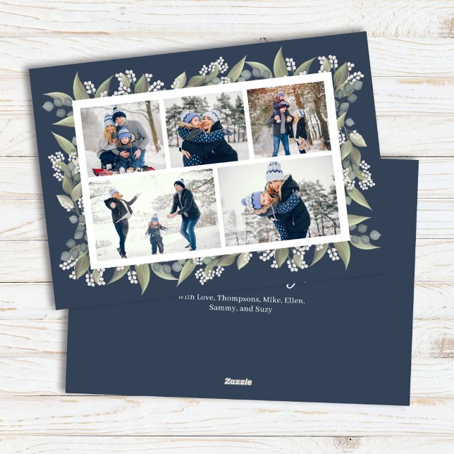 Cartes Pour Fêtes Annuelles Happy Holidays Marine Blue Floral Photo Collage (Multi photo collage custom Navy blue holiday photo card.)