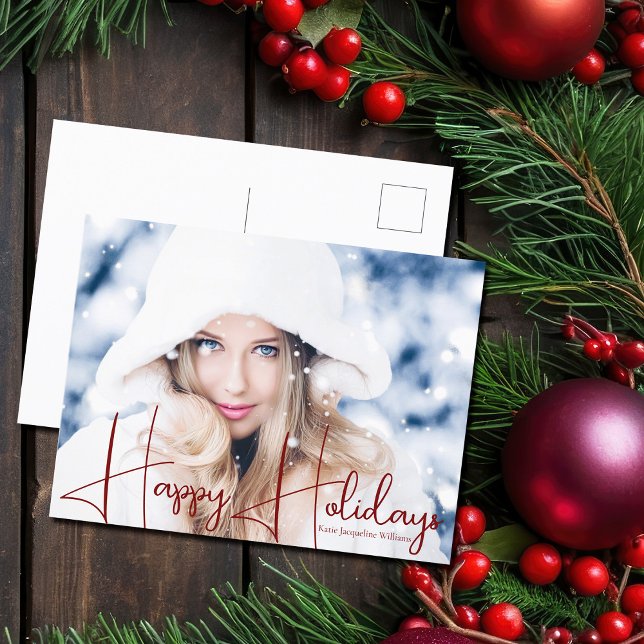 Cartes Pour Fêtes Annuelles Happy Holidays Model Headshot Red Script Overlay (Créateur téléchargé)