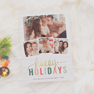 Cartes Pour Fêtes Annuelles Happy Holidays Modern Gold Script 4 Photo Collage