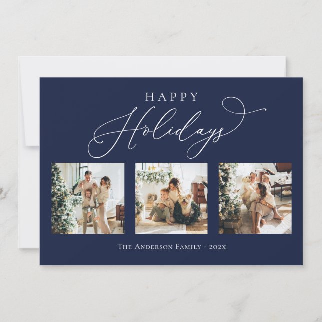 Cartes Pour Fêtes Annuelles Happy Holidays Navy Blue Multi Photo Collage (Devant)