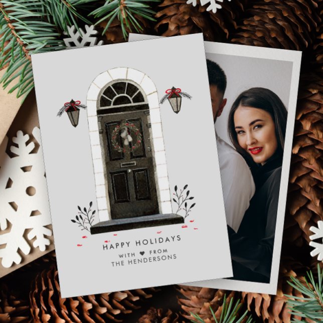 Cartes Pour Fêtes Annuelles Happy Holidays Photo Aquarelle Porte d'entrée (Créateur téléchargé)