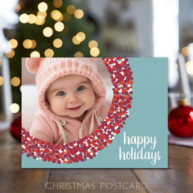 Cartes Pour Fêtes Annuelles Happy Holidays Photo - Whimsical berry wreath (Add one photo to this whimsical postcard with a berry border)