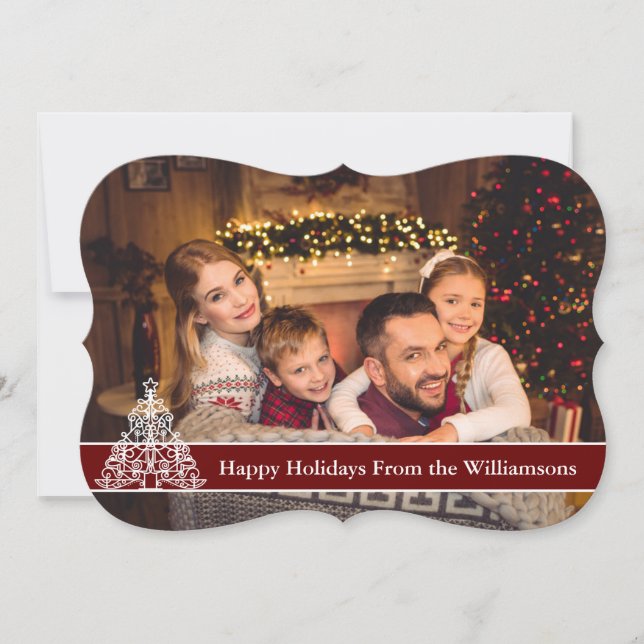 Cartes Pour Fêtes Annuelles Happy Holidays Photo White Outline Tree Fancy Trim (Devant)