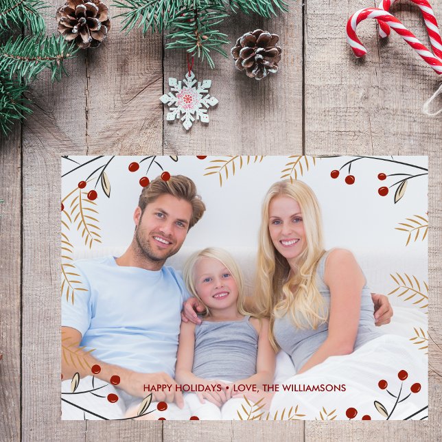 Cartes Pour Fêtes Annuelles Happy Holidays Photo Winter Botanical Red Berries (Créateur téléchargé)