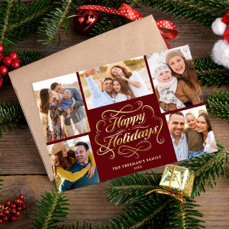 Cartes Pour Fêtes Annuelles Happy Holidays Red & Gold 5 Photo Collage Card