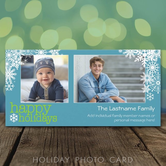 Cartes Pour Fêtes Annuelles Happy Holidays Snowflakes - 2 photos - horizontal (Classic Holiday Photo Card)