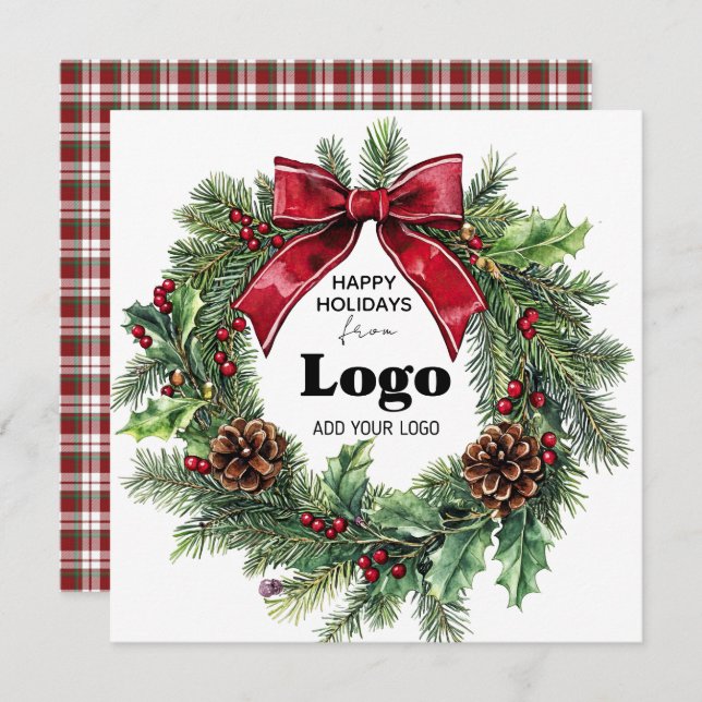 Cartes Pour Fêtes Annuelles Happy Holidays Wreath Business Logo Bulk Custumer (Devant / Derrière)