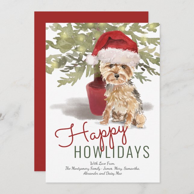 Cartes Pour Fêtes Annuelles Happy Howlidays Cute Yorkshire Terrier Aquarelle (Devant / Derrière)