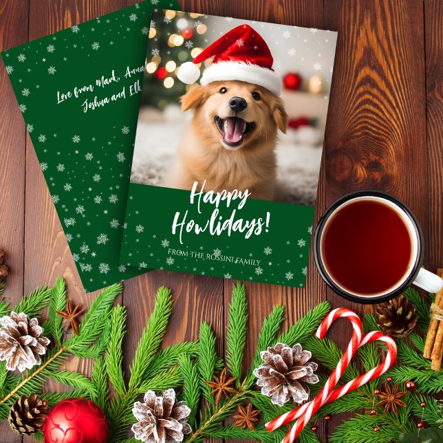 Cartes Pour Fêtes Annuelles Happy Howlidays Script Green Dog Photo (Happy howlidays pet dog christmas card with snow overlay)