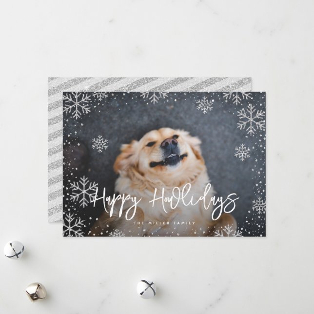 Cartes Pour Fêtes Annuelles Happy Howlidays Silver Snowflakes Pet Photo (Devant/Arrière en situation)