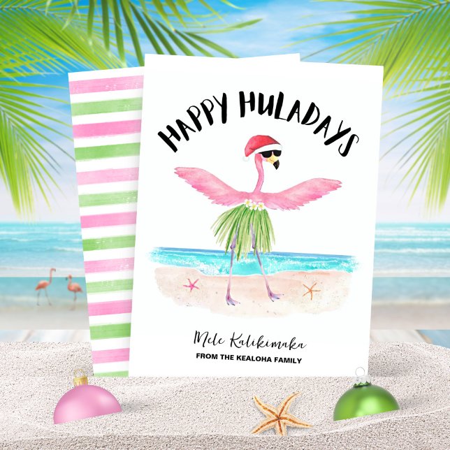 Cartes Pour Fêtes Annuelles Happy Huladays Flamant rose Beach Noël (Créateur téléchargé)