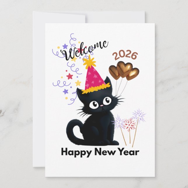 Cartes Pour Fêtes Annuelles Happy New Year 2026 Black Cat Card  (Devant)
