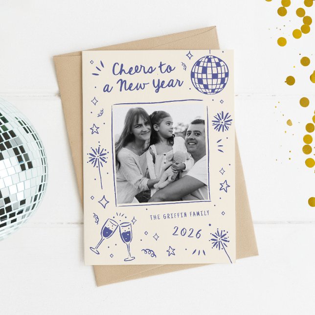 Cartes Pour Fêtes Annuelles Happy New Year 2026 Photo Blue (Blue New Year photo card with quirky hand-drawn doodles like fireworks and stars)