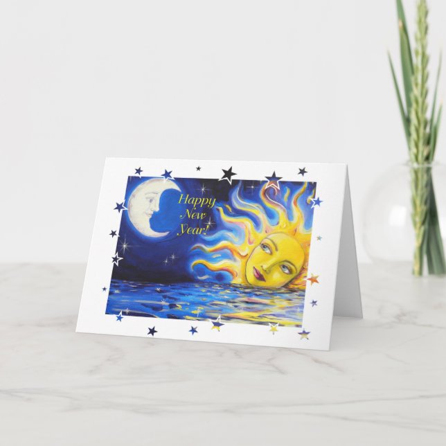 Cartes Pour Fêtes Annuelles Happy New Year Celestial Sun and Moon Face Card (Devant)
