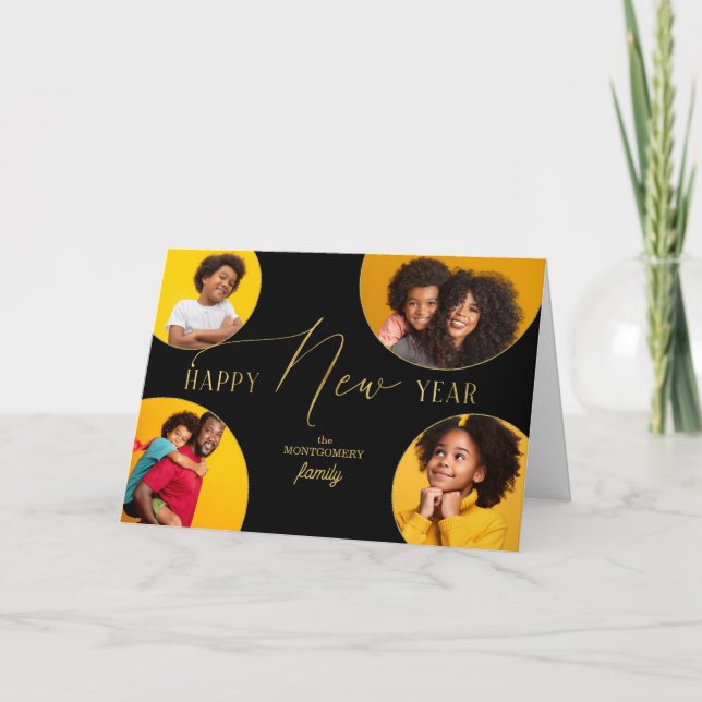 Cartes Pour Fêtes Annuelles Happy New Year Four Photo Faux Gold Leaf (Devant)