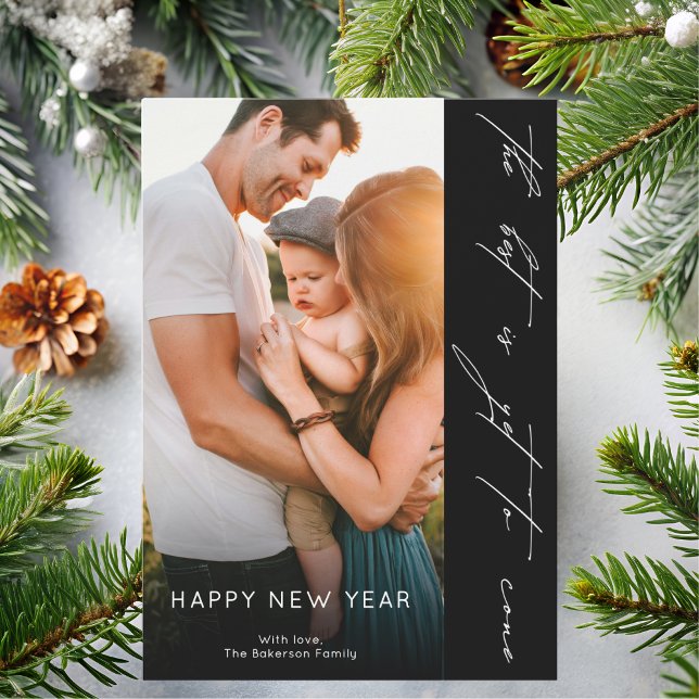 Cartes Pour Fêtes Annuelles Happy New Year Handwritten Script Black Photo (Créateur téléchargé)