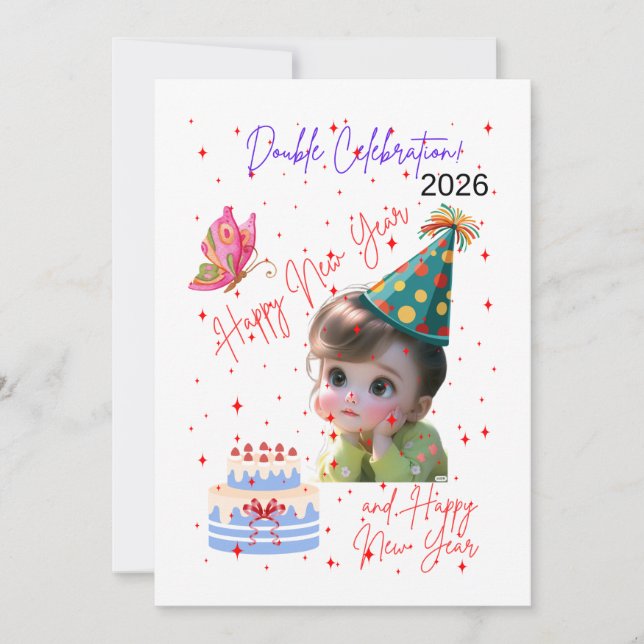 Cartes Pour Fêtes Annuelles Happy New Year & Happy Birthday Double Celebration (Devant)