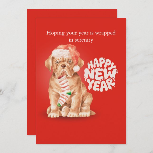 Cartes Pour Fêtes Annuelles Happy new year holiday cards dog festive red (Devant / Derrière)