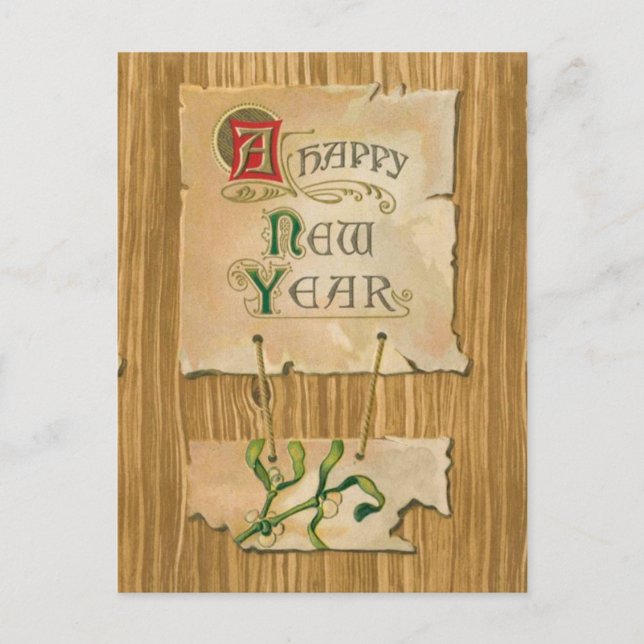 Cartes Pour Fêtes Annuelles Happy New Year parchment & mistletoe on Faux bois (Devant)