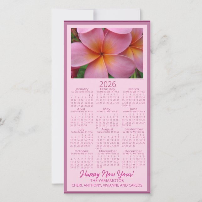 Cartes Pour Fêtes Annuelles Happy New Year Pink Plumeria Flower 2026 Calendar  (Devant)