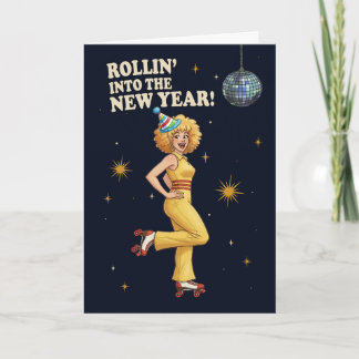 Cartes Pour Fêtes Annuelles Happy New Year Retro Disco Roller Skating Woman