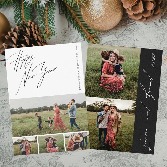 Cartes Pour Fêtes Annuelles Happy New Year Script 6-Photo Collage Family (Créateur téléchargé)