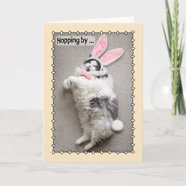 Cartes Pour Fêtes Annuelles Happy Pâques drôle Gros Chat dans Bunny Ears (Devant)