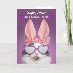Cartes Pour Fêtes Annuelles Happy Pâques Nom personnalisé Chat dans Bunny Ears
