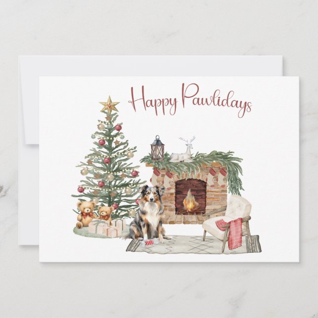Cartes Pour Fêtes Annuelles Happy Pawlidays Chien Design - Australian Shepherd (Devant)