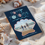 Cartes Pour Fêtes Annuelles Happy Seashore | Navy Beach Seashell Photo<br><div class="desc">Beach theme flat Christmas photo card features a tropical "Happy Holidays" seashell,  whale tail and ocean waves typography design with a scallop seashell cutout that frames your personalized photo. Reverse side is a nautical shell & swirls pattern on a navy blue background. Original artwork KL Stock.</div>