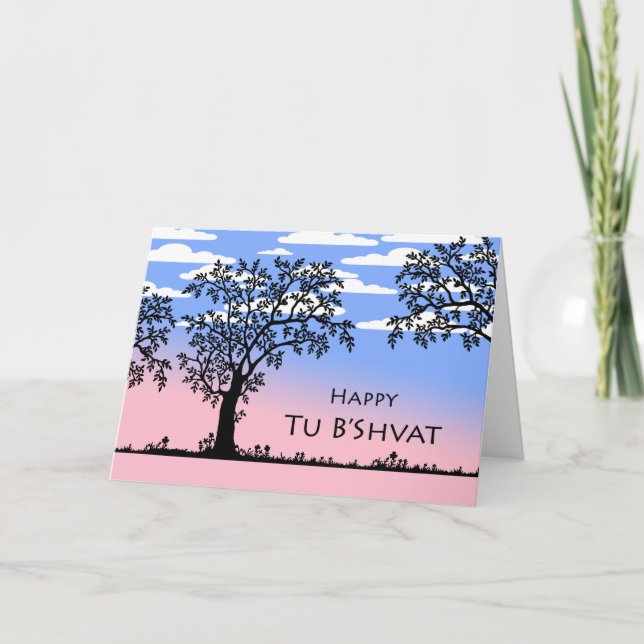 Cartes Pour Fêtes Annuelles Happy Tu B'Shvat, Silhouette d'arbres, Nuages (Devant)