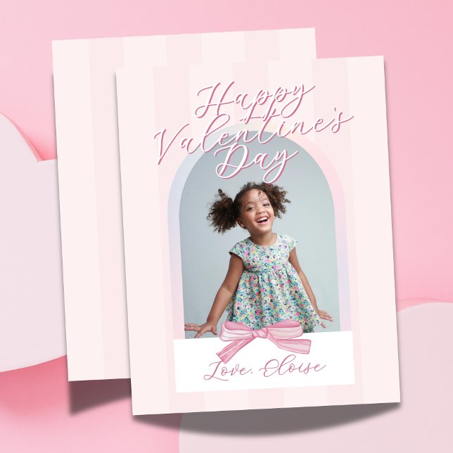 Cartes Pour Fêtes Annuelles Happy Valentine's Day Arch Photo Bow Card (Send heart day greetings with this Happy Valentine's Day Arch Photo Pink Strip Bow Holiday Card!)