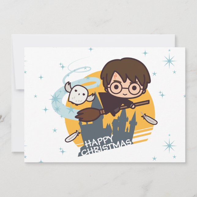 Cartes Pour Fêtes Annuelles Harry et Hedwig volant au-dessus de Hogwarts Noël (Devant)